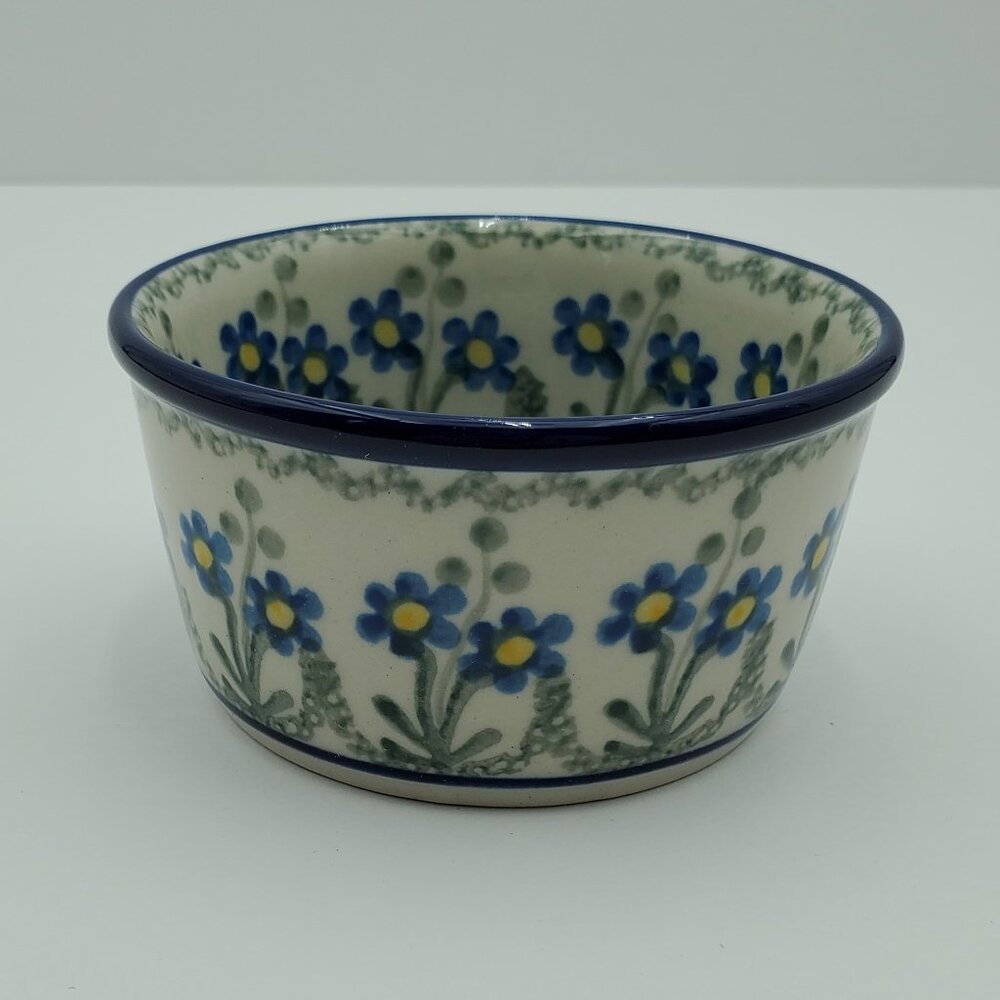 Polish Pottery Small Blue Daisy Circle Bowl Blue Floral Ramekin Trinket Dish
